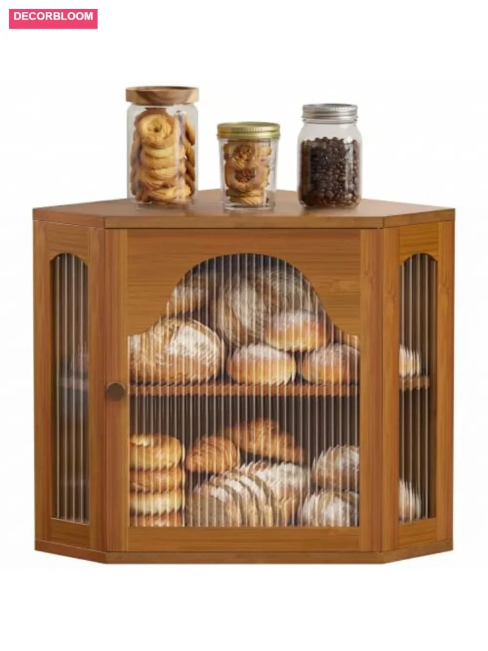 2-Tier Corner Bread Box Acrylic Wavy Door Bamboo Kitchen Countertop Storage
